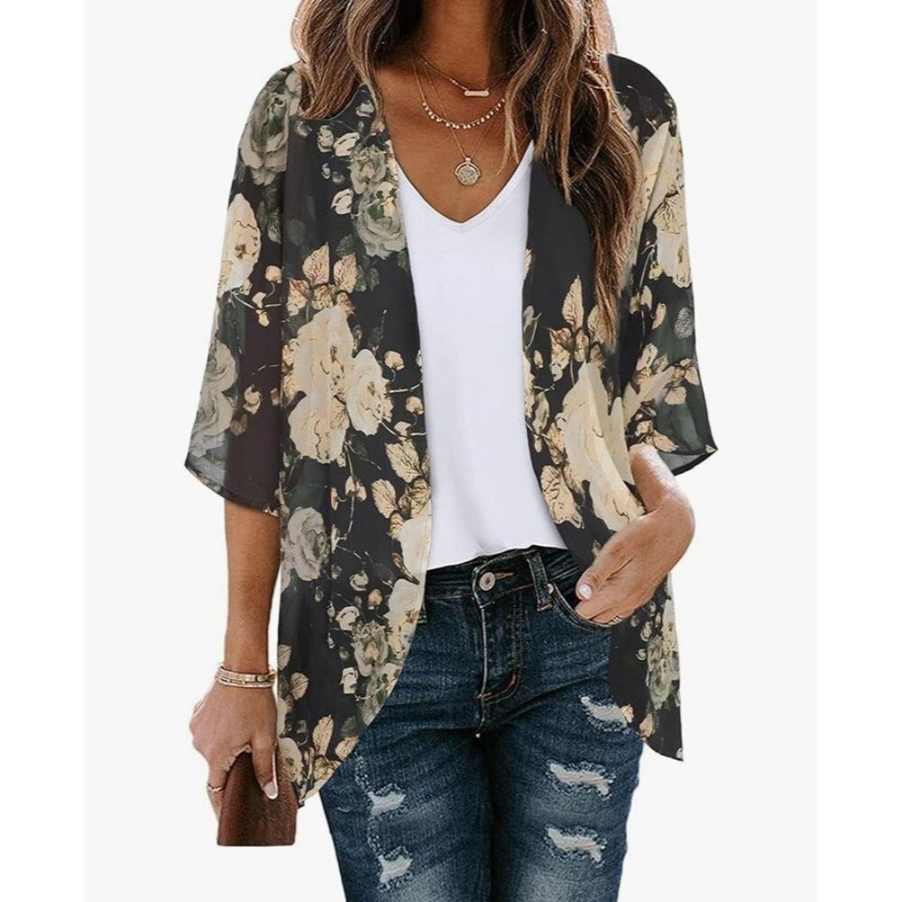 Floral Womens Kimono Cape Cardigan size Small  Beach Cover up army green